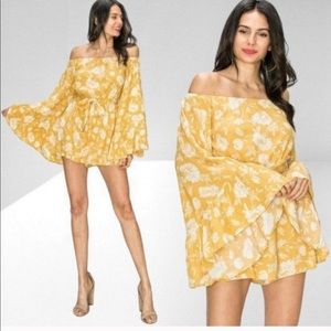 Favlux off‎ the shoulder bell sleeve floral yellow romper size Medium
